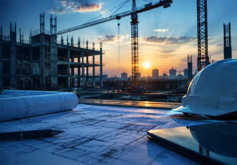 Construction site with cranes, project drawings and a safety helmet