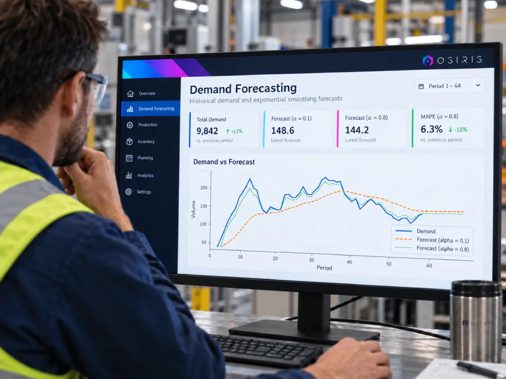 Manufacturing planner reviewing demand forecasts, inventory trends and production data on a dashboard