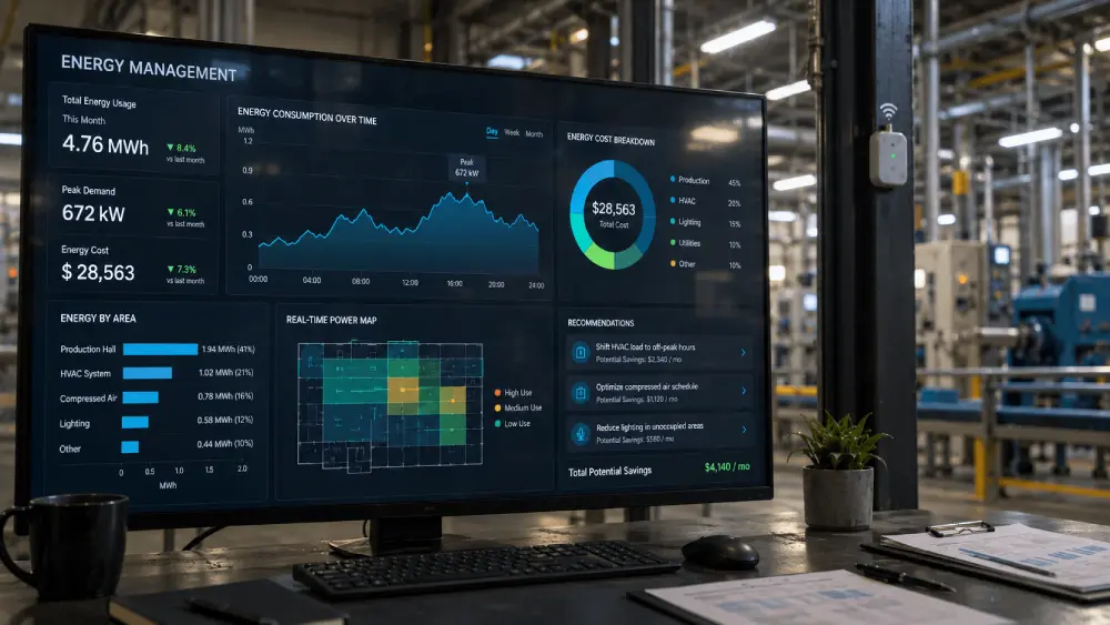 Factory energy-management data displayed for operational monitoring