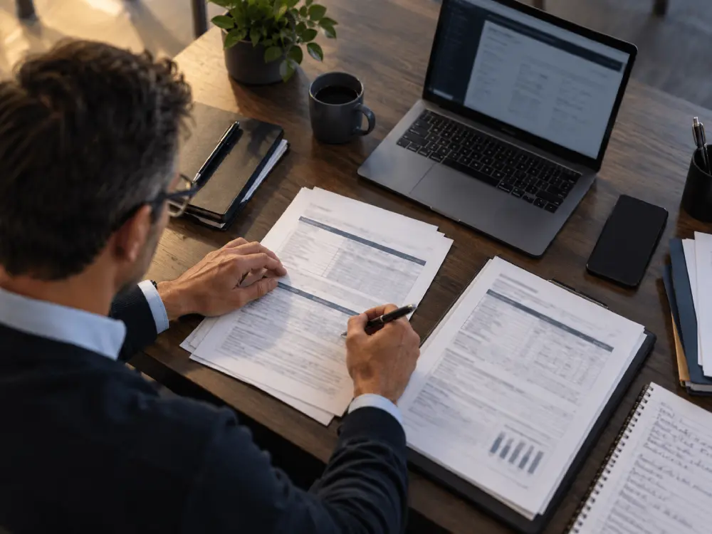 Manufacturing professional reviewing digital compliance information