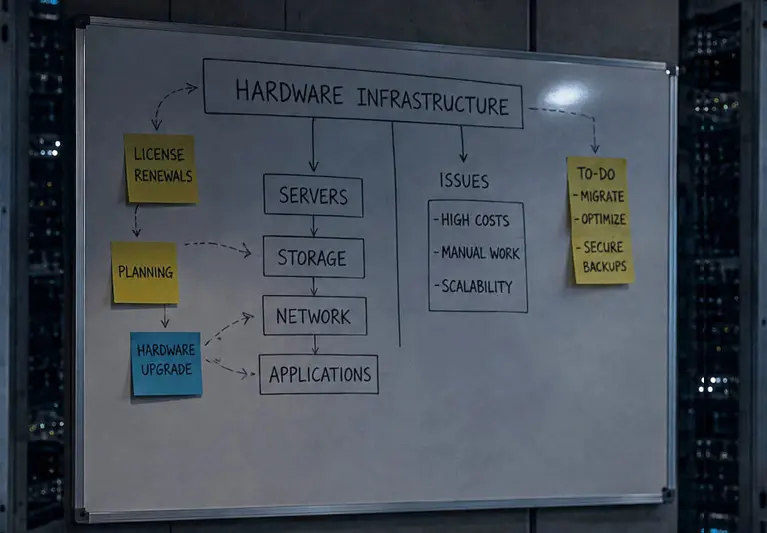 Cloud planning board beside server infrastructure