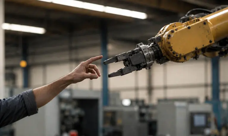 A human hand and industrial robotic arm on a production floor